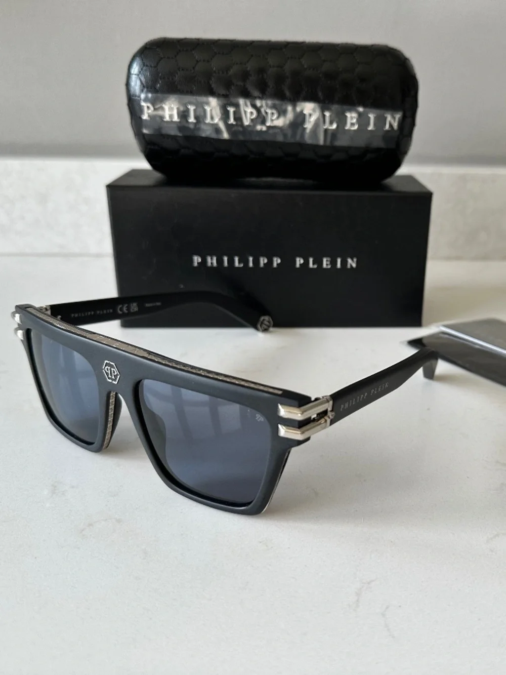 NWT | Philipp Plein | Matte Black & Blue Rectangle Sunglasses - SPP108V